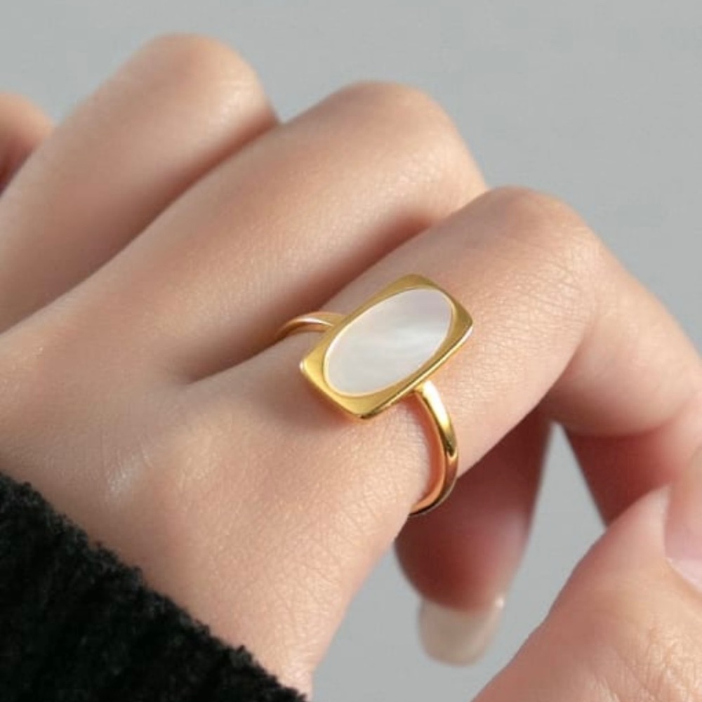 18k Gold Plated Over Solid 925 Sterling Silver Mother Of Pearl Open Ring
